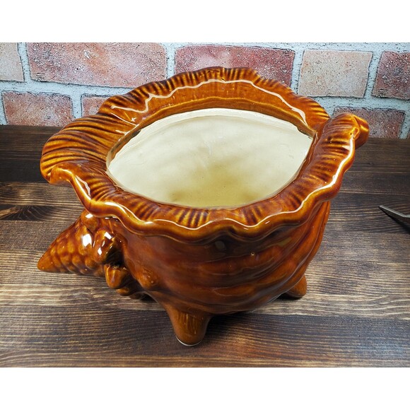 Vintage Brown Glazed Ceramic Conch Shell Planter, Seashell Nautical Decor - Picture 7 of 9